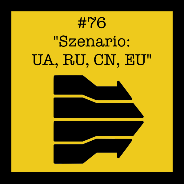 Episode 76 Beitragsbild. Pfeil auf gelben Grund mit Beschriftung #76 "Szenario: UA, RU, CN, EU"